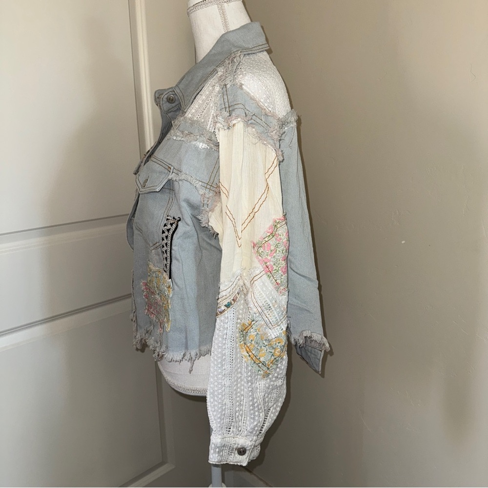 Patchwork Denim and Lace Jacket Distressed Boho Denim Shacket Mixed Floral Lace - Picture 7 of 17